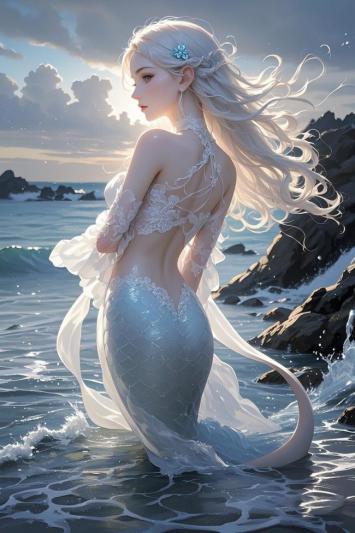 银发人鱼少女海边逆光写真