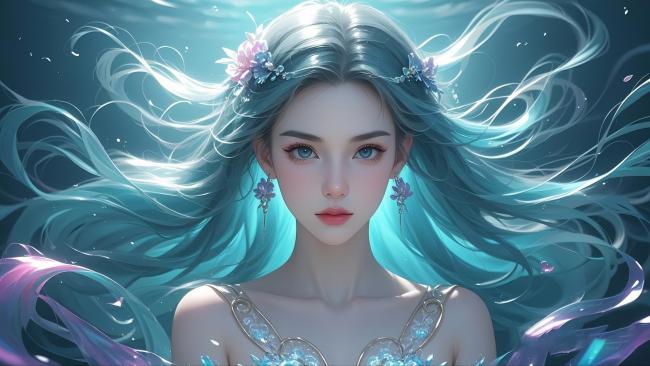 深海仙子水下写真，蓝发飘逸梦幻唯美