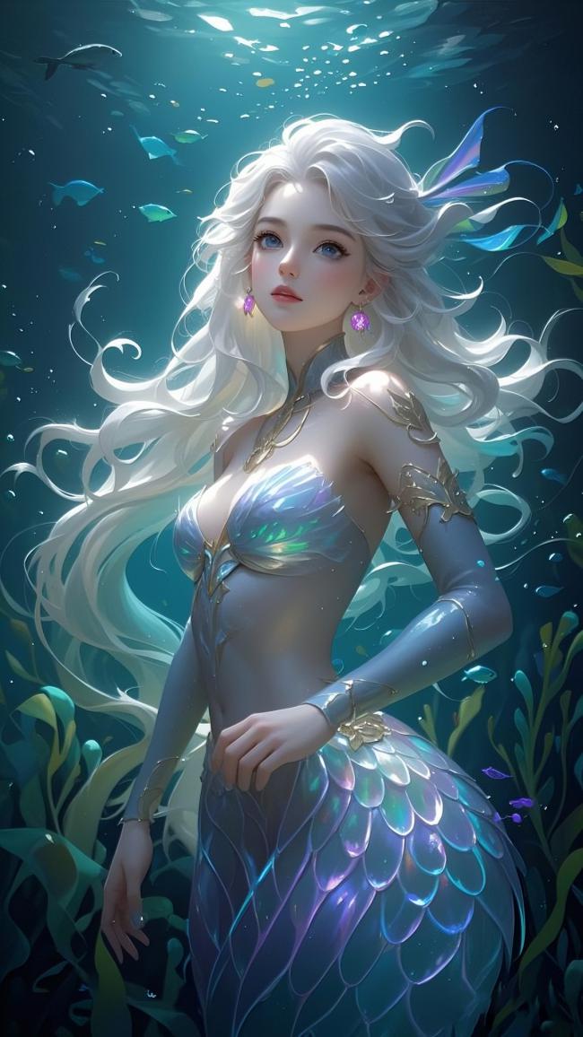 银发美人鱼水中翩跹，鳞光流转梦幻海底世界