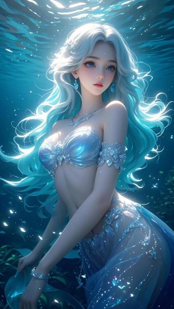银发人鱼浮游深海，光影幻彩如梦似幻
