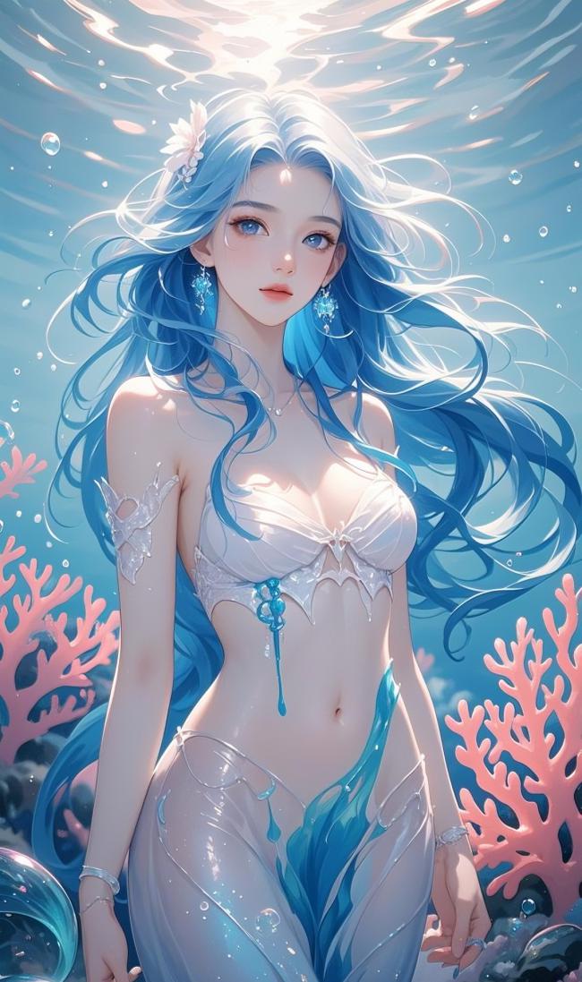 蓝发人鱼少女水下幻境插画