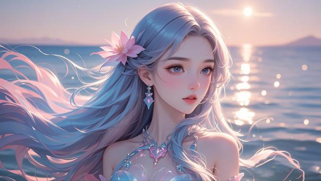 海边日落蓝发少女动漫插画