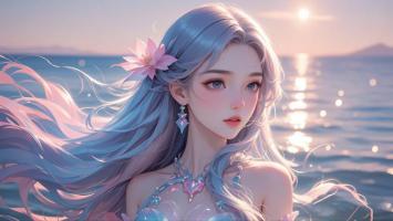 海边日落蓝发少女动漫插画