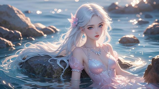 银发仙子海边静坐，光影梦幻如画