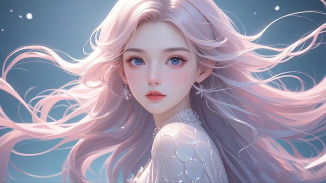 粉紫长发少女立绘，梦幻星夜背景