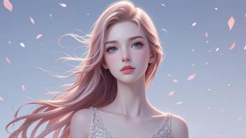 梦幻金发少女肖像，花瓣纷飞如诗如画