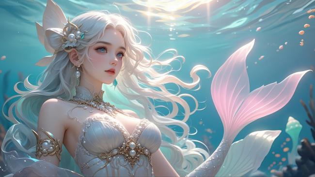 银发美人鱼水下光影油画插画