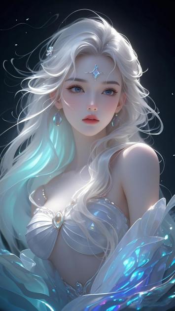冰霜女神数字肖像：银发蓝眸的奇幻仙子