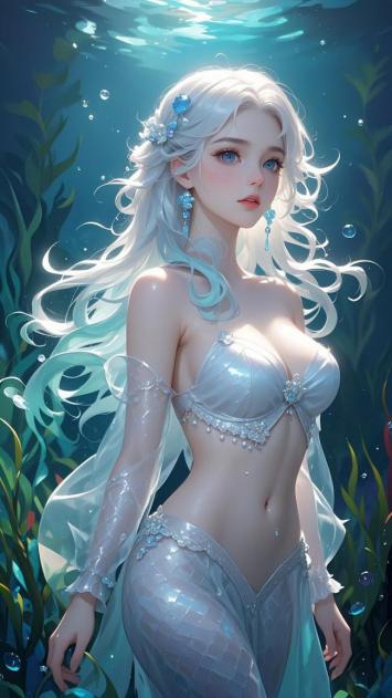银发美人鱼深海幻境插画