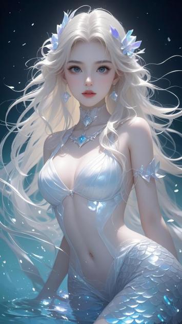 银发人鱼少女3D渲染插画