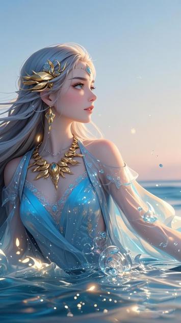 银发海神立于晨光海面，金饰璀璨如梦