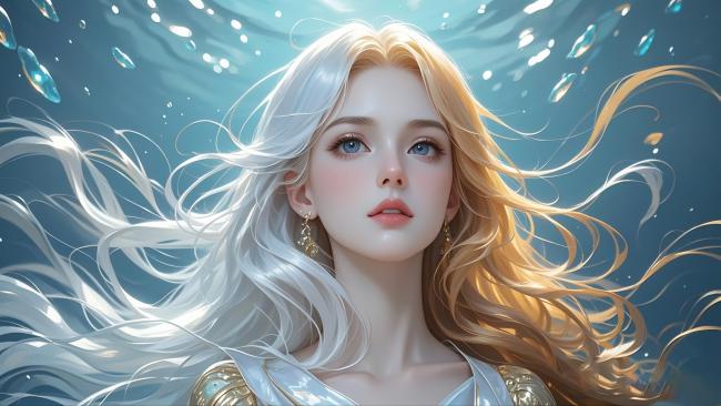 水下银发少女肖像：光影流动的写实美学
