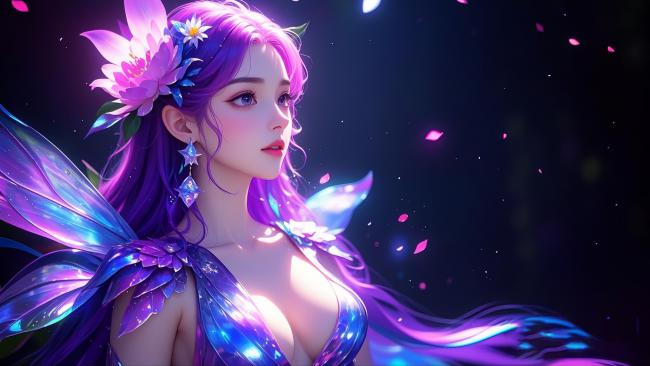 紫发仙子飞舞花瓣夜空