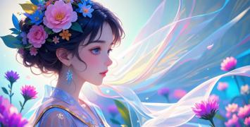 新中式少女花冠插画，梦幻花海中的东方美人