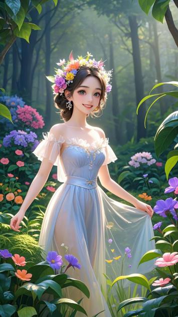 森林花冠少女写实肖像，柔光梦幻花园