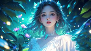 蓝发精灵少女沉浸奇幻森林光斑之中