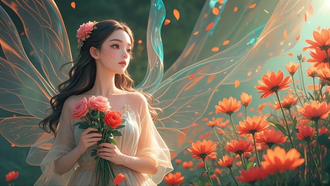 精灵少女手捧玫瑰花海幻境