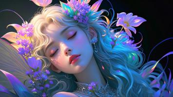 梦幻花冠少女闭目沉睡插画