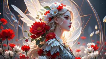 花神精灵油画肖像，柔光羽翼映红白花海