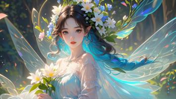 精灵少女手捧白莲，林间蝶翼飞舞