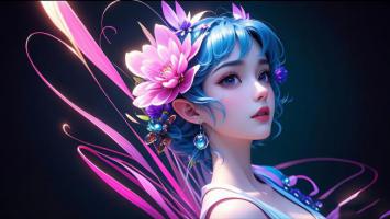 蓝发仙子赛博幻影，霓虹花翼闪耀夜空