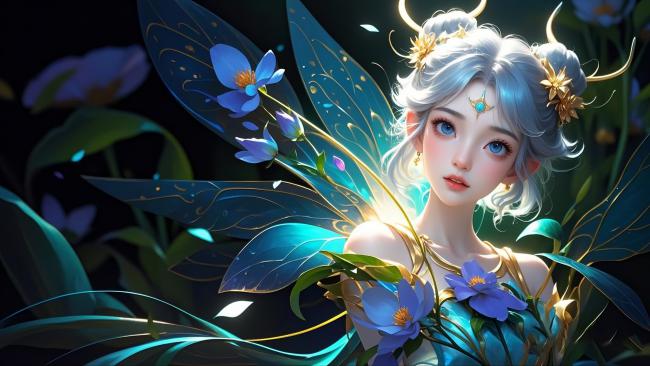 蓝发精灵少女梦幻花境插画