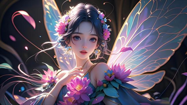 精灵少女手捧莲花，蝶翼轻舞梦幻场景