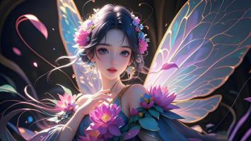 精灵少女手捧莲花，蝶翼轻舞梦幻场景