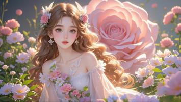 花海中的写实少女肖像，柔光粉黛唯美动人