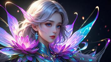 银发仙子莲花羽翼梦幻夜景