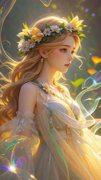 花冠少女油画写真，柔光梦幻森林场景