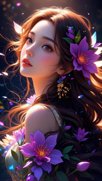 紫花少女写实肖像，梦幻光影氛围感