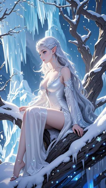 冰雪精灵静坐雪枝，蓝调幻境唯美如画