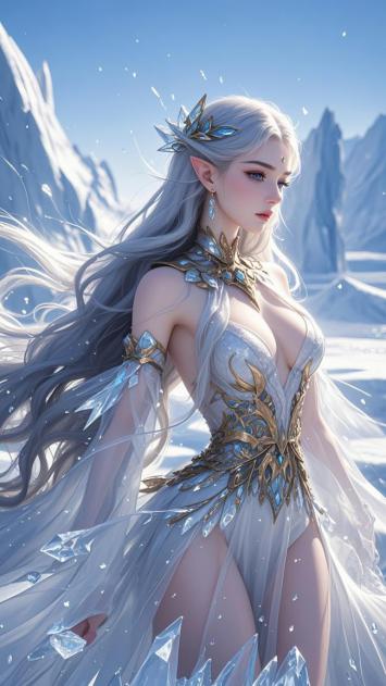 冰雪仙子立于冰峰之巅，冰晶华服映日辉