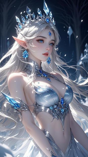 冰霜女王写实插画，水晶王冠闪耀雪林间