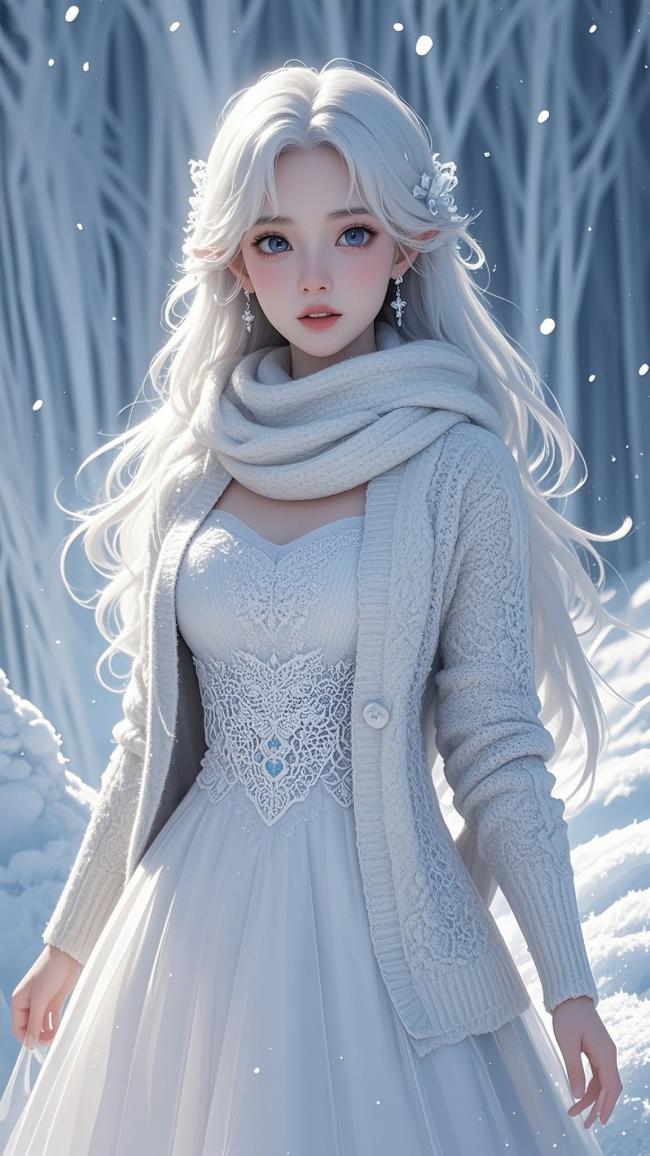 冰雪女神肖像：白发蓝眸少女雪中伫立