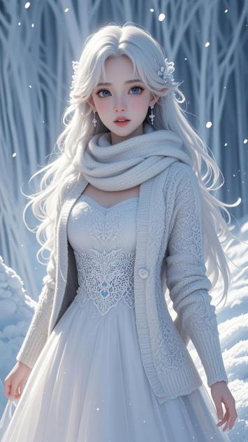 冰雪女神肖像：白发蓝眸少女雪中伫立