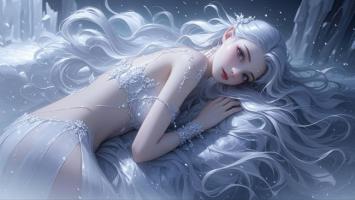 冰霜女神躺卧雪洞，银发如瀑光影绝美