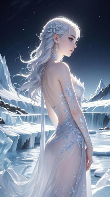 冰霜女王雪夜侧影插画