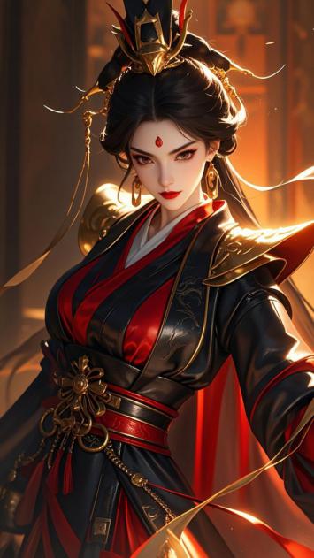 古风女将军写实插画，黑红华服配金冠，逆光耀目气场全开