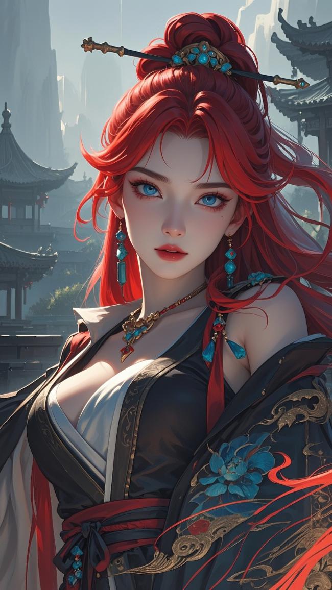 红发仙侠女，古风汉服写真图