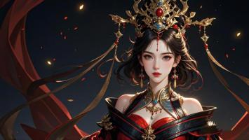 仙侠红衣女神，凤冠流苏夜空下