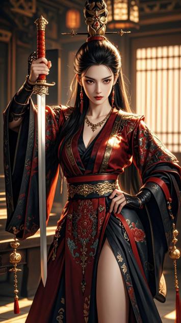 古风女侠持剑立像，华服鎏金映暖光