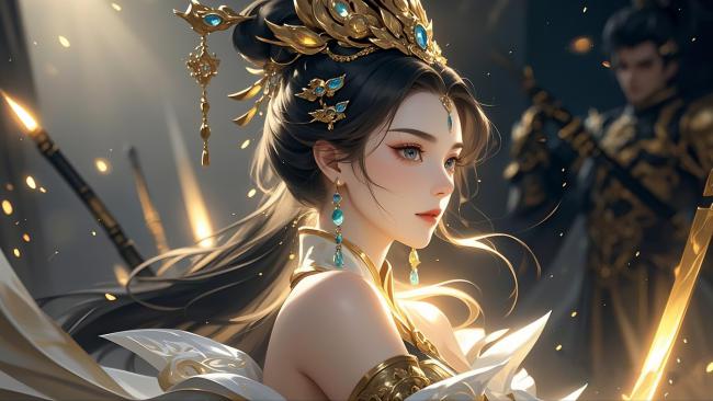 仙侠女将持剑立光中，金冠璀璨如神祇