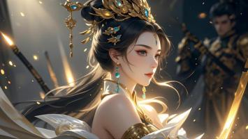 仙侠女将持剑立光中，金冠璀璨如神祇