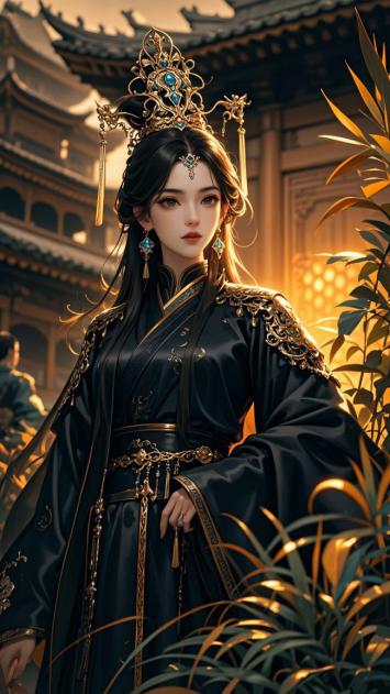 黑袍金冠古风美人，夕阳庭院写真