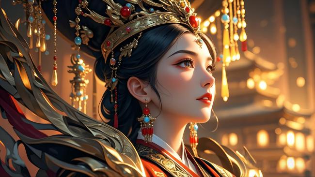 古风仕女华服写真，金冠流苏映宫灯