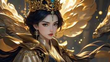 金色神祇女神肖像：华冠羽翼耀辉煌