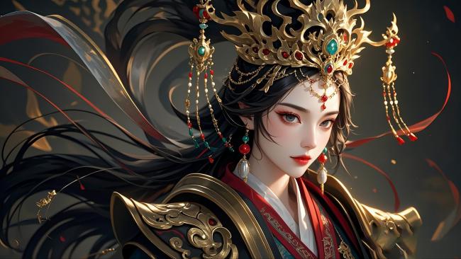 古风仕女水墨动漫插画，金冠华服尽显国韵之美