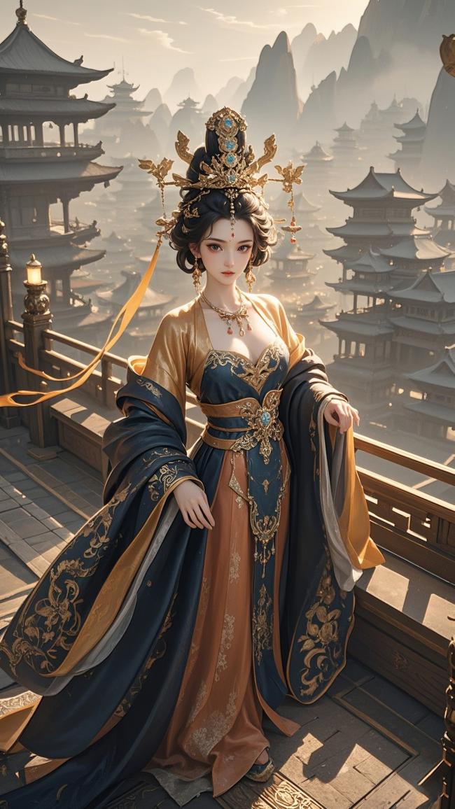 古风贵妃立楼阁，仙侠玄幻氛围浓